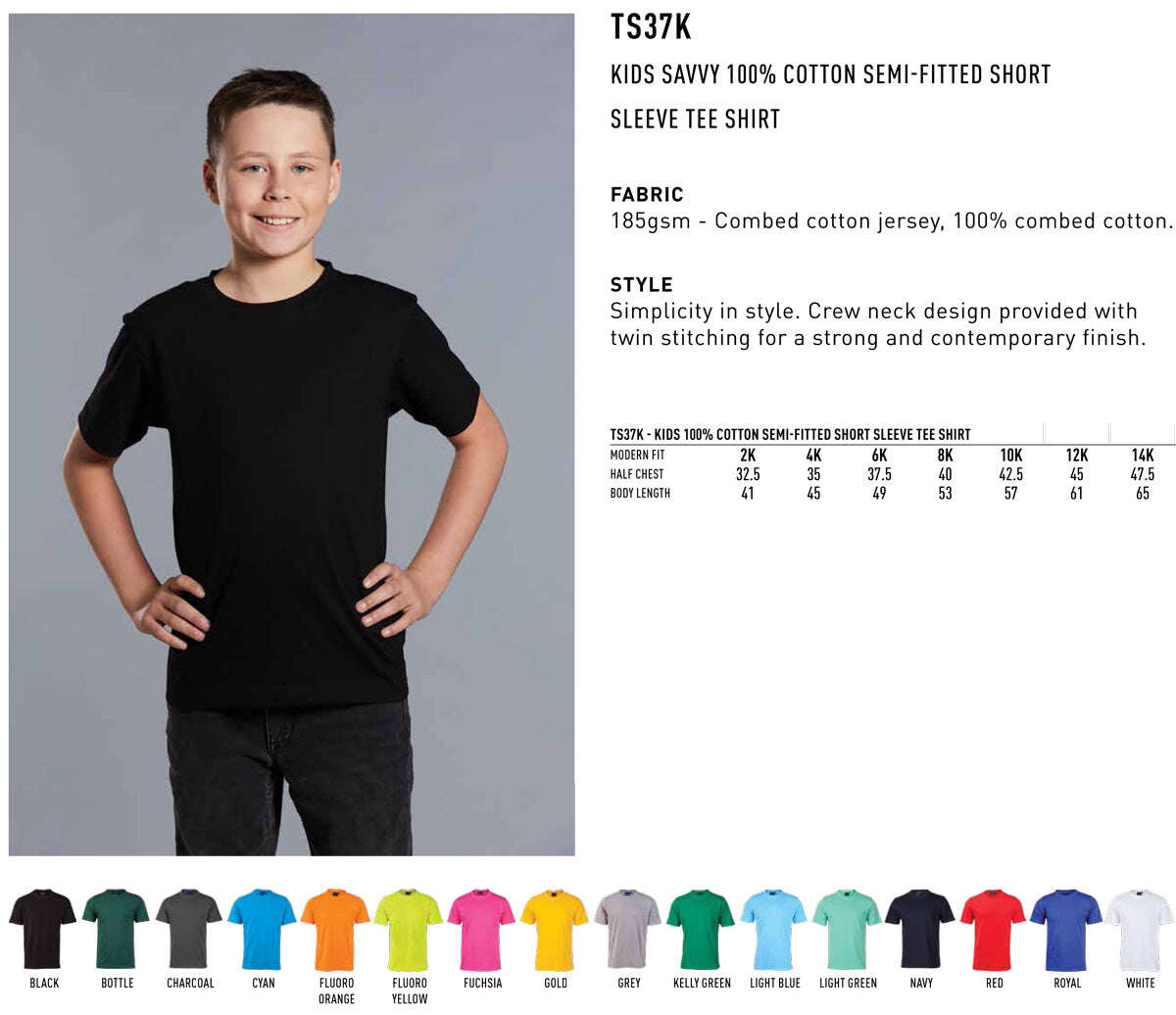 Kids Savvy 100% Cotton Tee Shirt Short Sleeve Semi-Fitted - NS PROMO