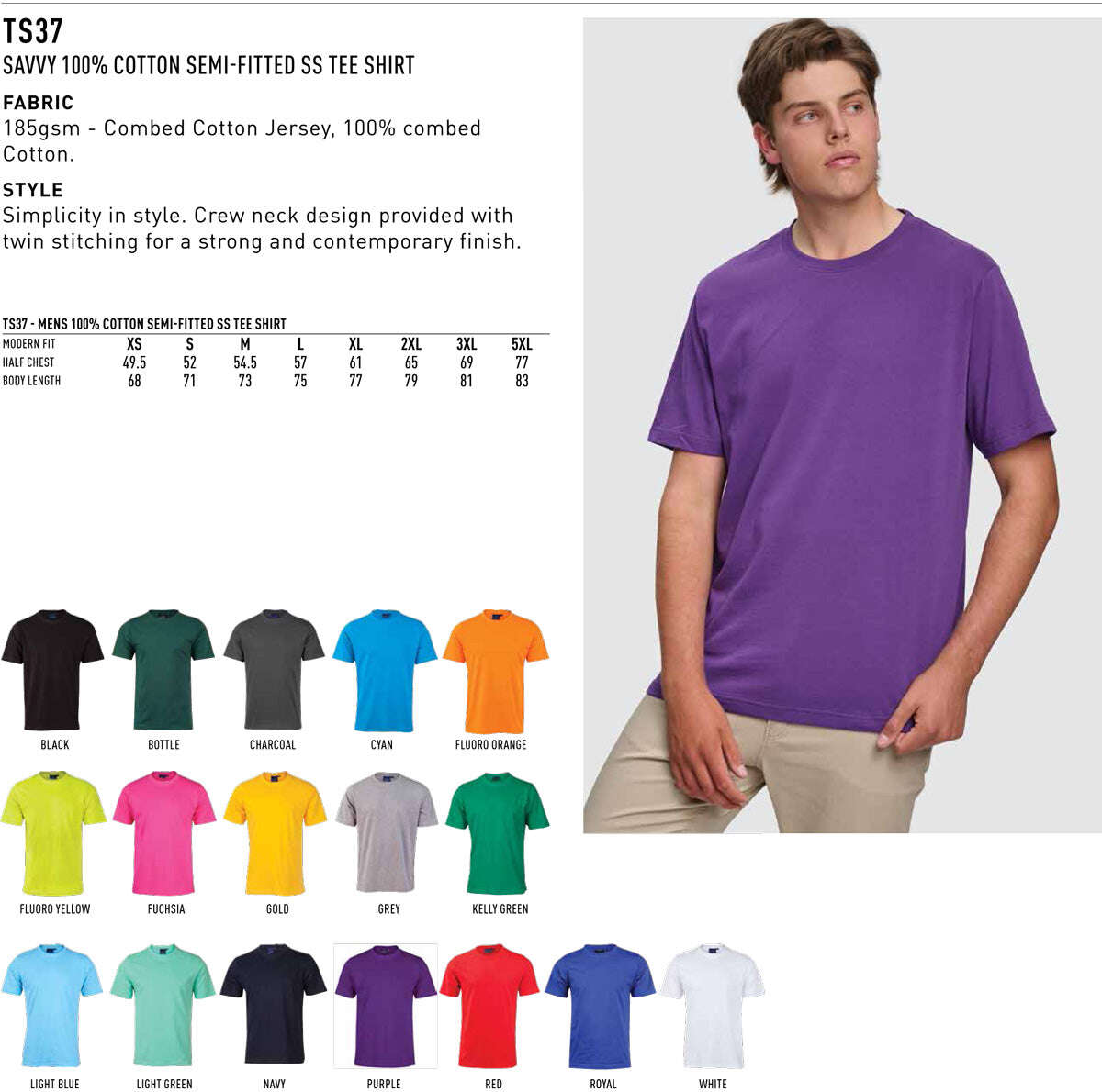 Mens Cotton Tee Shirt Short Sleeve Semi-Fitted - NS PROMO