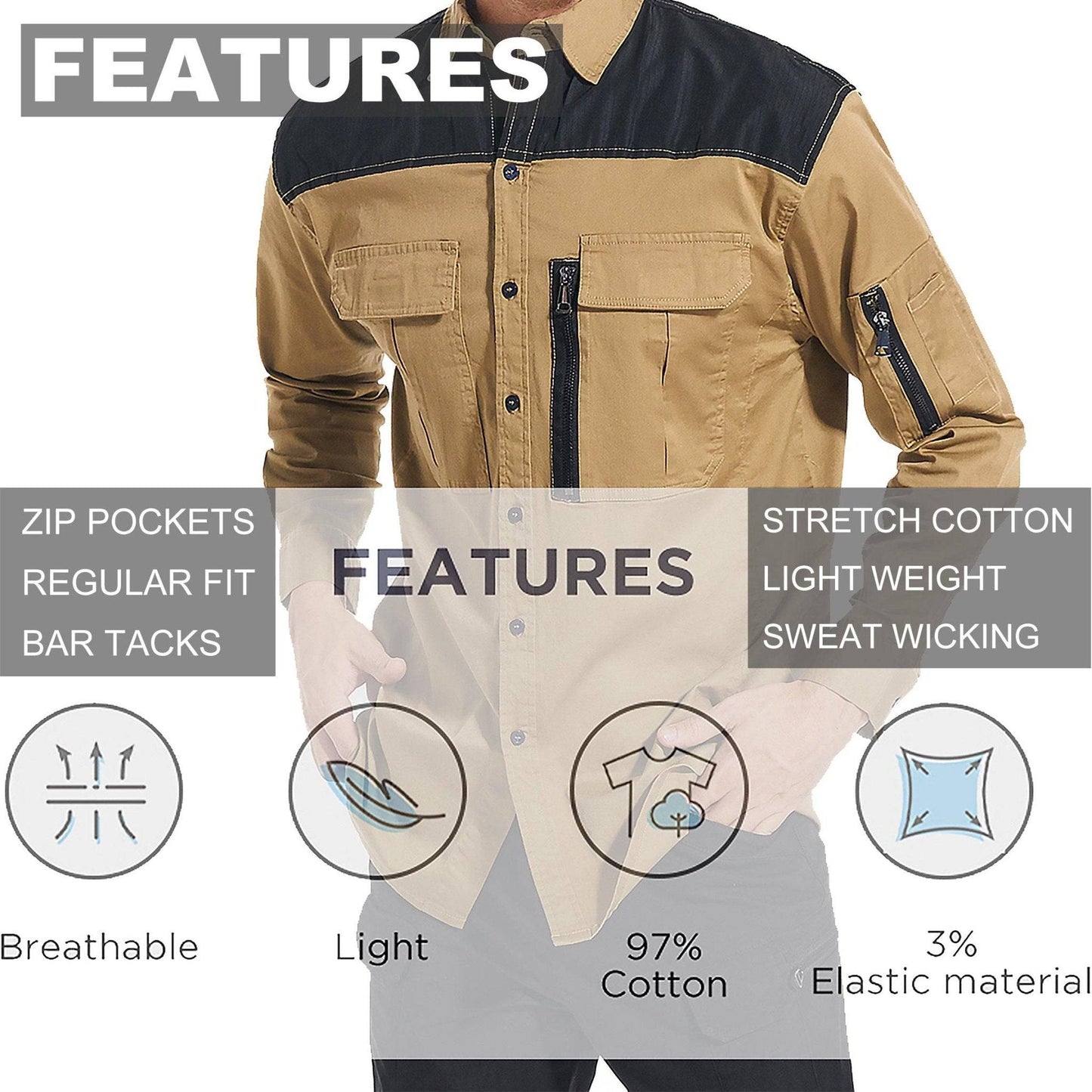 Big Bee ZIP Mens Work Shirts, Stretch Cotton - Big Bee