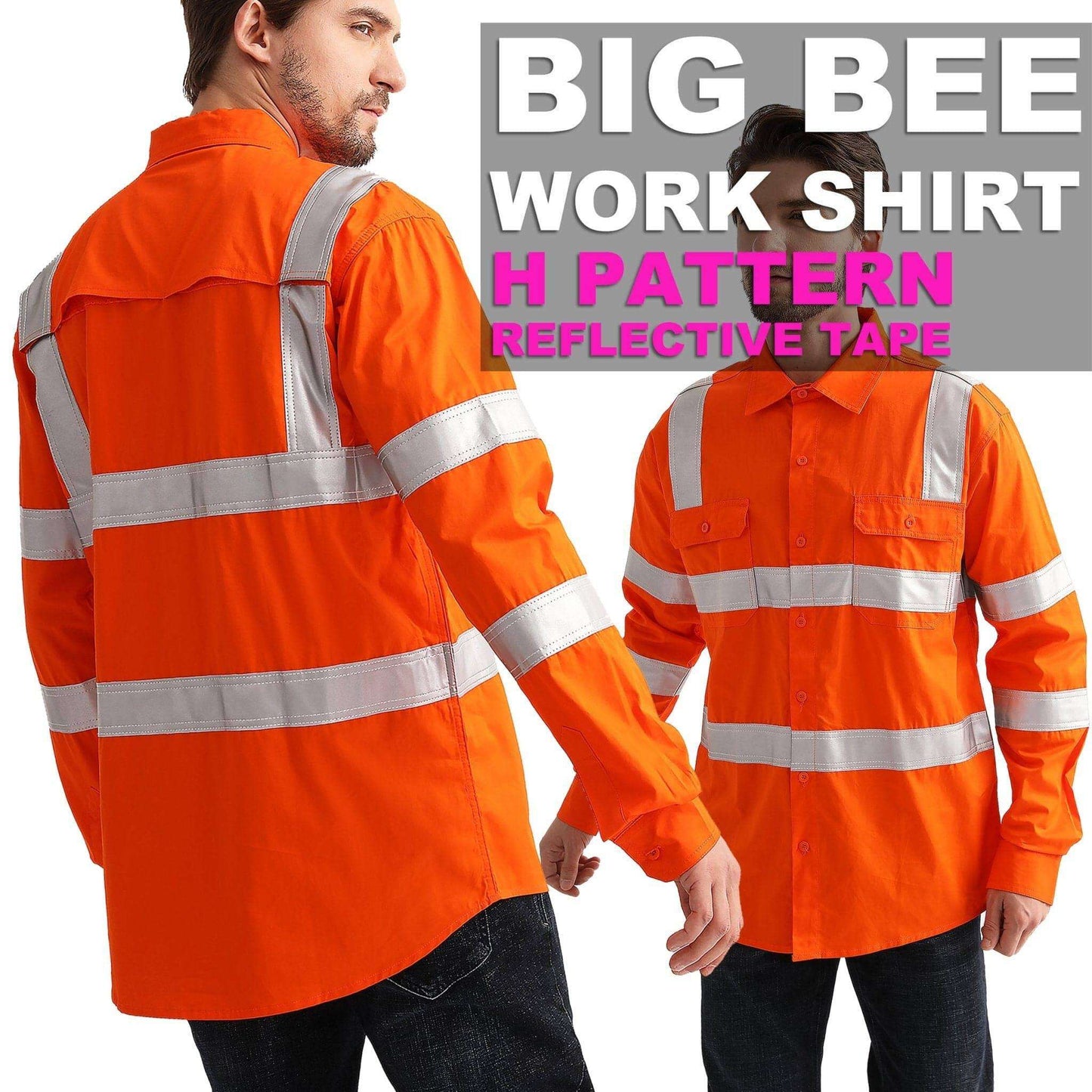 Big Bee Hi-Vis Shirts Orange H Pattern Reflective, VIC Rail Shirt - Big Bee