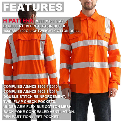 Big Bee Hi-Vis Shirts Orange H Pattern Reflective, VIC Rail Shirt - Big Bee