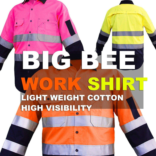 Big Bee Men's Hi Vis Shirts Reflective Tape, Light Weight Cotton - Big Bee