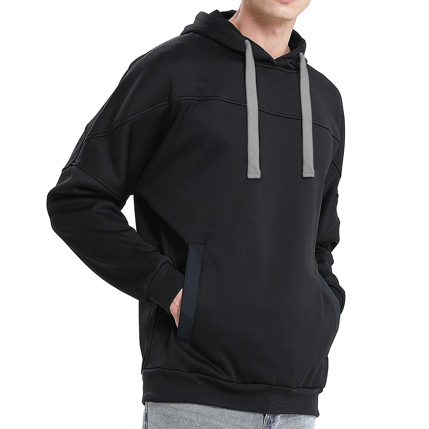 Drawstring Hoodie Jumper Fleece Sweatshirts Plain Black with Contrast drawstring - Big Bee