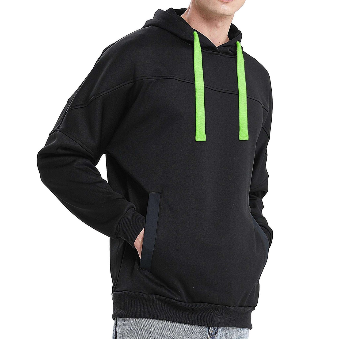 Drawstring Hoodie Jumper Fleece Sweatshirts Plain Black with Contrast drawstring - Big Bee