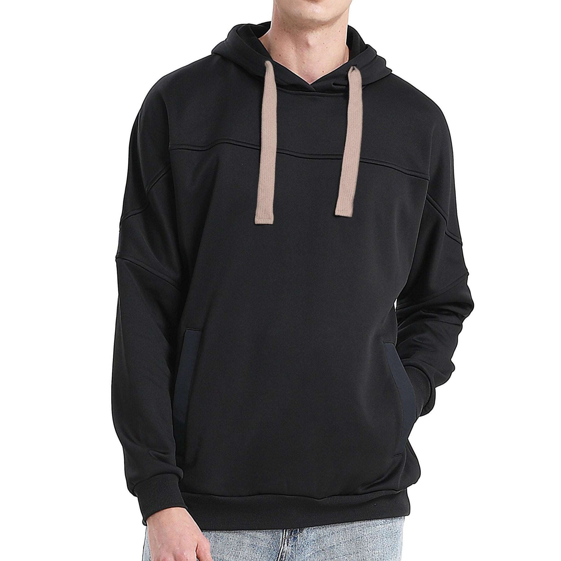 Drawstring Hoodie Jumper Fleece Sweatshirts Plain Black with Contrast drawstring - Big Bee