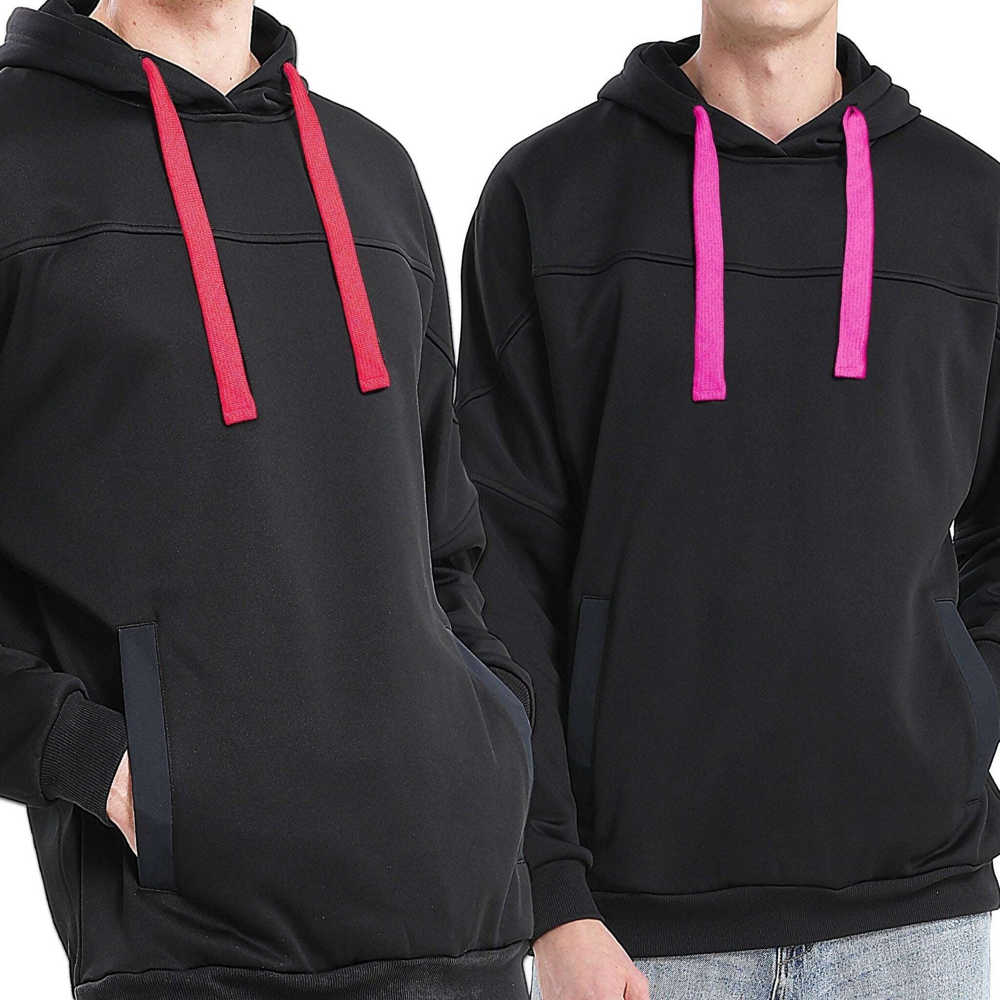 Drawstring Hoodie Jumper Fleece Sweatshirts Plain Black with Contrast drawstring - Big Bee