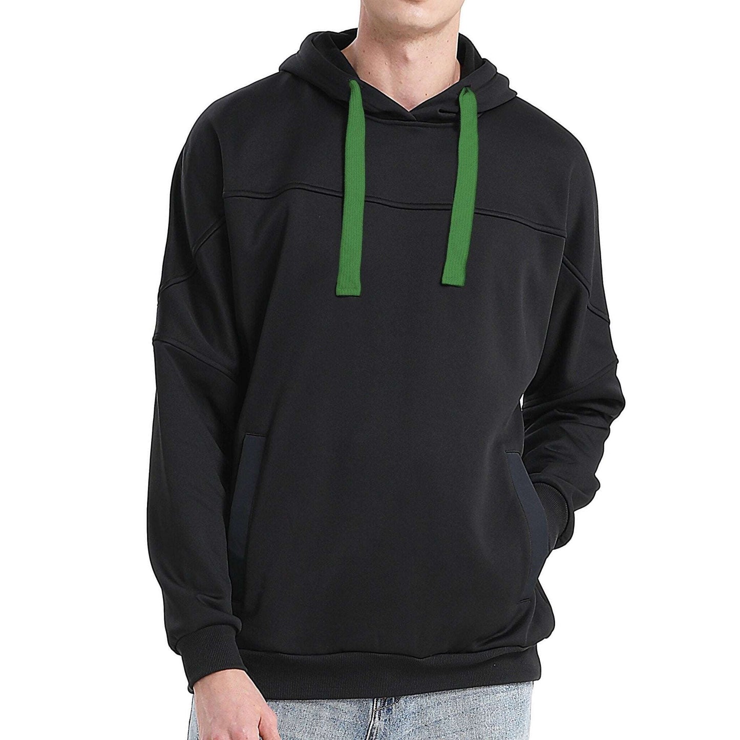 Drawstring Hoodie Jumper Fleece Sweatshirts Plain Black with Contrast drawstring - Big Bee