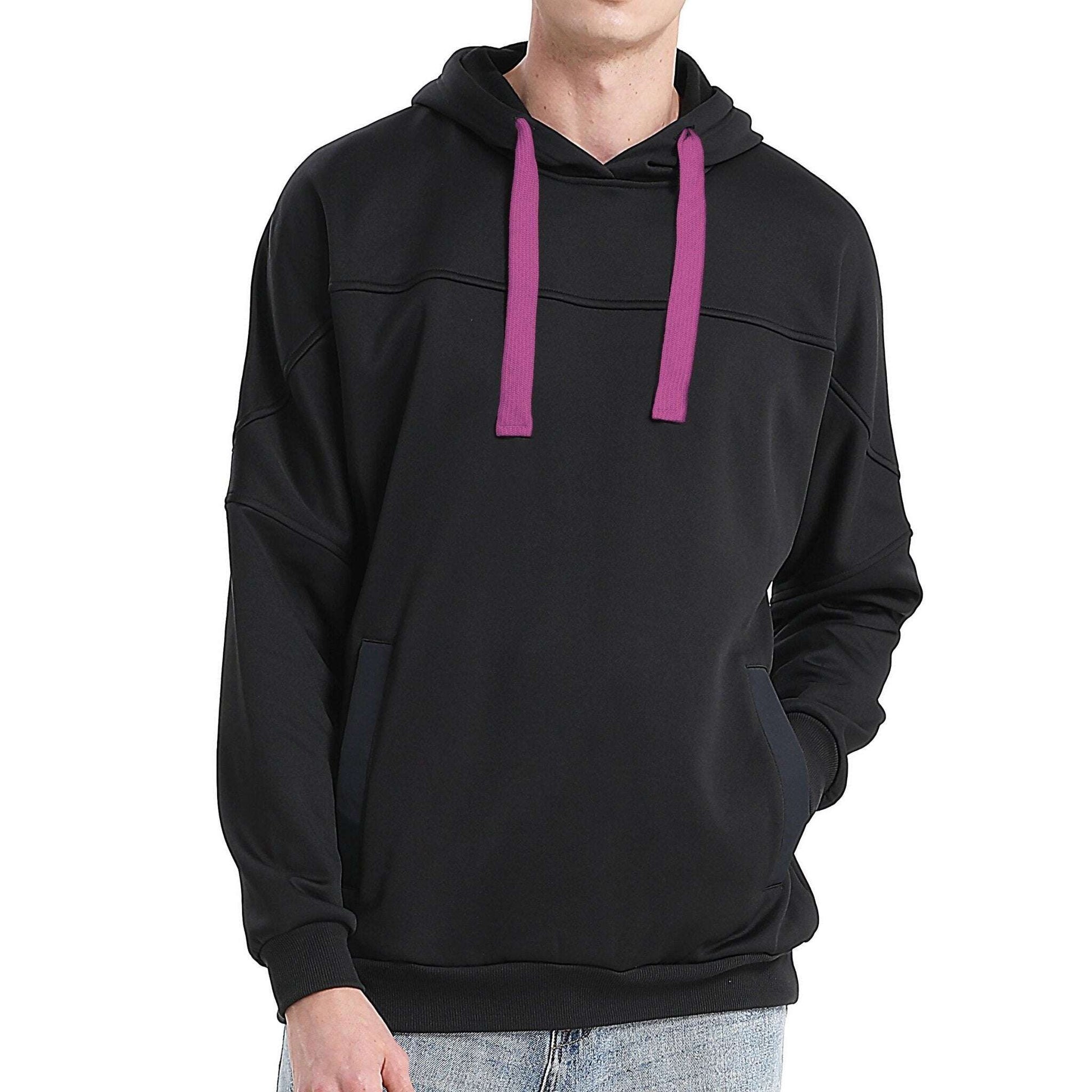 Drawstring Hoodie Jumper Fleece Sweatshirts Plain Black with Contrast drawstring - Big Bee