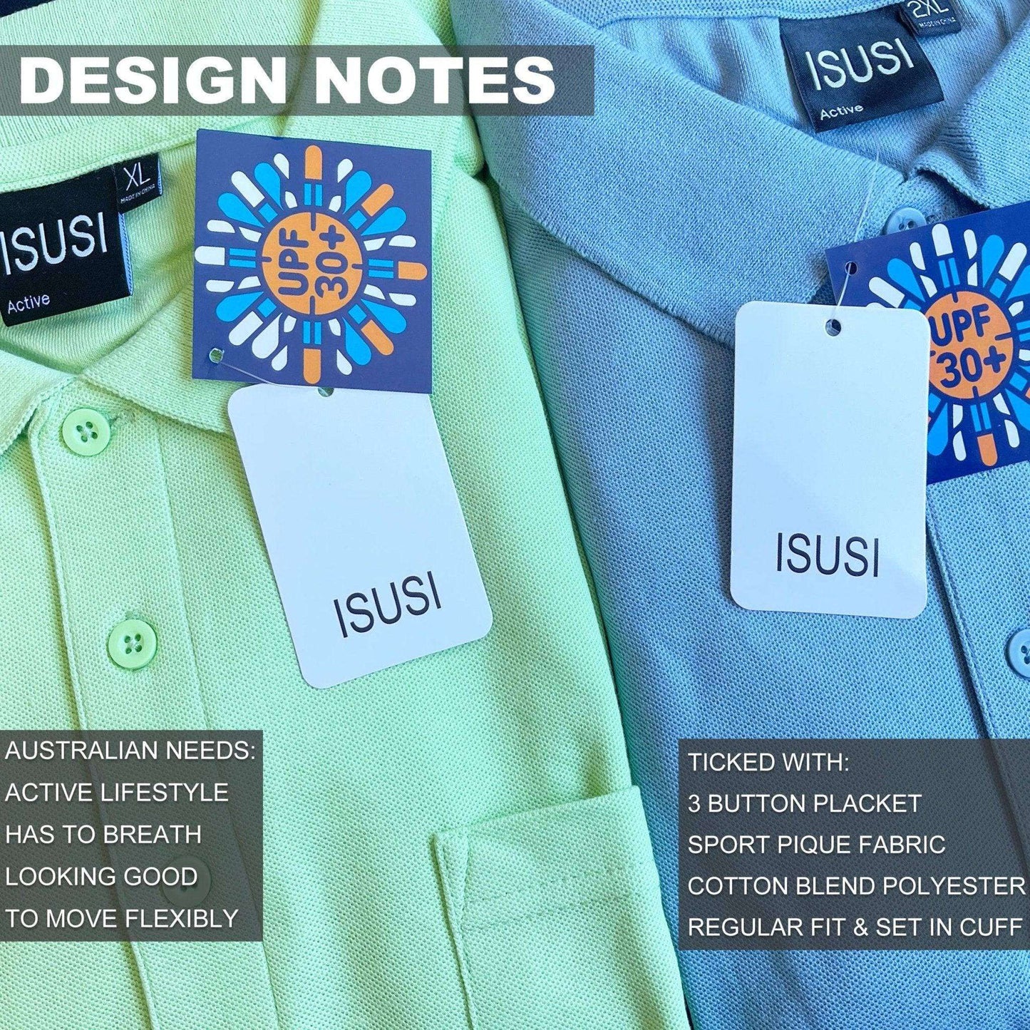 ISUSI Everyday Mens Polo Shirts, Cotton, Pocket, UPF 30+ - Big Bee